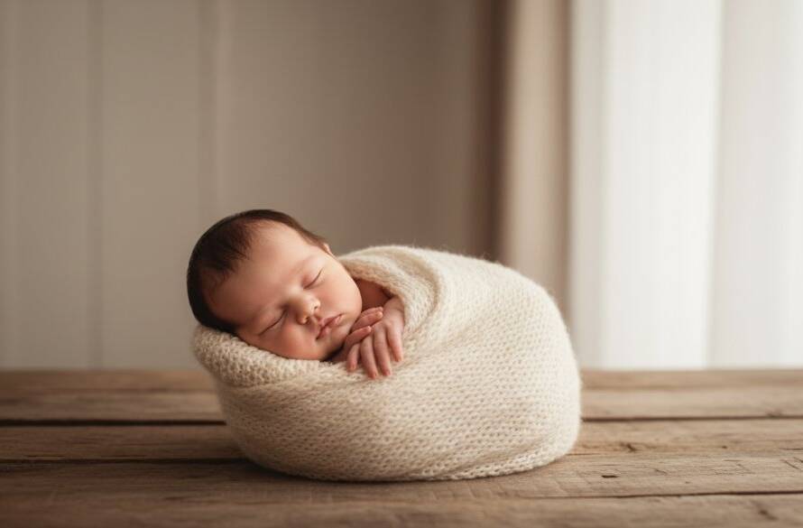 A stunning, professional, color-graded 'epic moment' photograph showcasing a newborn baby peacefully sleeping in a gentle, artistic pose, bathed in soft, ethereal natural light, with a hint of Truganina's serene, suburban backdrop subtly blurred in the background. This Truganina Newborn Photography Melbourne Artistry image captures the profound bond and innocent beauty of early life.