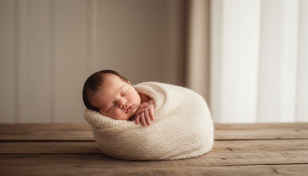 A stunning, professional, color-graded 'epic moment' photograph showcasing a newborn baby peacefully sleeping in a gentle, artistic pose, bathed in soft, ethereal natural light, with a hint of Truganina's serene, suburban backdrop subtly blurred in the background. This Truganina Newborn Photography Melbourne Artistry image captures the profound bond and innocent beauty of early life.