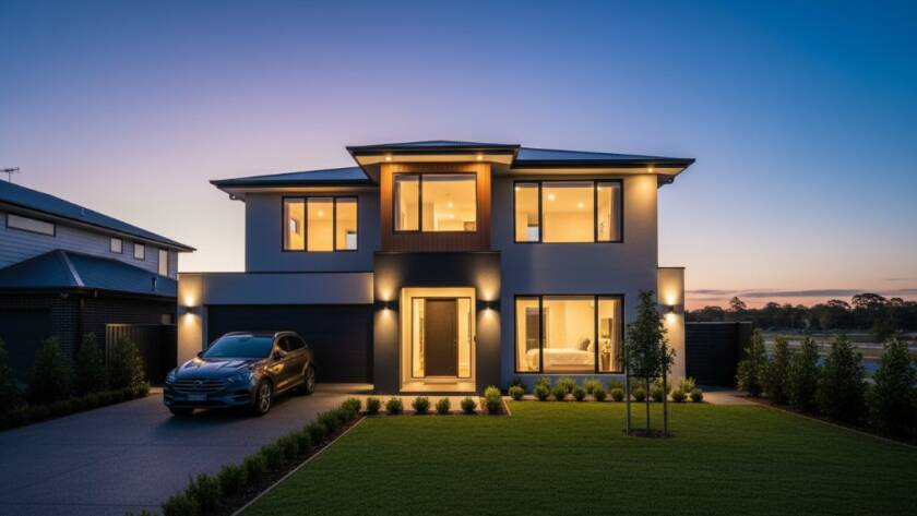 An epic, dramatically lit photograph showcasing a modern, architecturally designed family home in Truganina at twilight, captured with expert Truganina Real Estate Photography to Elevate Property Listings, highlighting its inviting facade and lush, manicured garden.