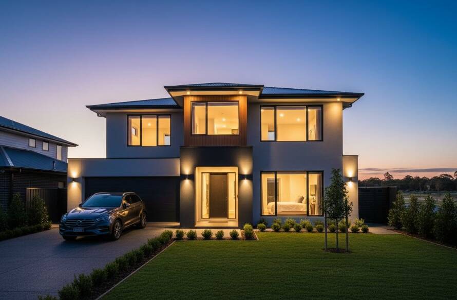 An epic, dramatically lit photograph showcasing a modern, architecturally designed family home in Truganina at twilight, captured with expert Truganina Real Estate Photography to Elevate Property Listings, highlighting its inviting facade and lush, manicured garden.