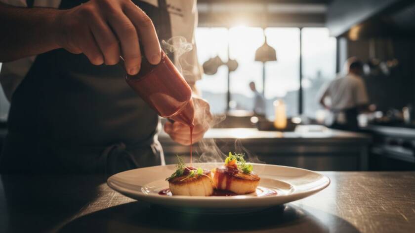 A close-up, dramatic 'epic moment' shot of a steaming, exquisitely plated modern Australian dish from a Truganina restaurant, with a chef's hand delicately placing a garnish, showcasing vibrant textures and colours under professional studio lighting, perfect for Truganina restaurant food photography for vibrant Melbourne menus.
