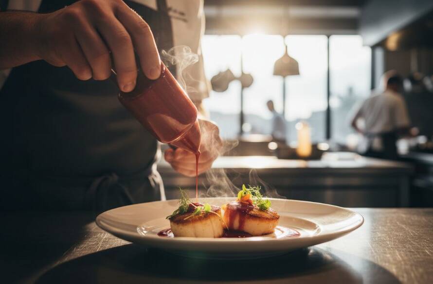 A close-up, dramatic 'epic moment' shot of a steaming, exquisitely plated modern Australian dish from a Truganina restaurant, with a chef's hand delicately placing a garnish, showcasing vibrant textures and colours under professional studio lighting, perfect for Truganina restaurant food photography for vibrant Melbourne menus.