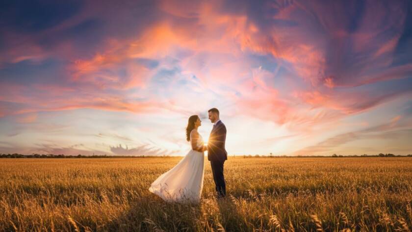 An epic Truganina romantic pre-wedding photography Victoria moment featuring a couple silhouetted against a dramatic sunset over a vast, open field with golden light, captured with professional color grading and a cinematic feel.