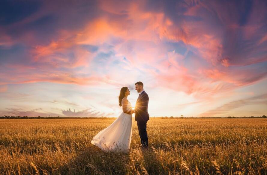 An epic Truganina romantic pre-wedding photography Victoria moment featuring a couple silhouetted against a dramatic sunset over a vast, open field with golden light, captured with professional color grading and a cinematic feel.