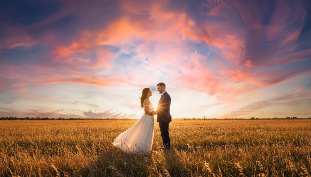 An epic Truganina romantic pre-wedding photography Victoria moment featuring a couple silhouetted against a dramatic sunset over a vast, open field with golden light, captured with professional color grading and a cinematic feel.