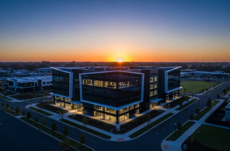 An aerial, wide-angle shot at dawn of a modern, glass-clad commercial building in Truganina, bathed in golden hour light, reflecting the vibrant sky, encapsulating 'Truganina's Dynamic Commercial Architecture Photography' with a sense of innovative growth and stunning visual appeal.