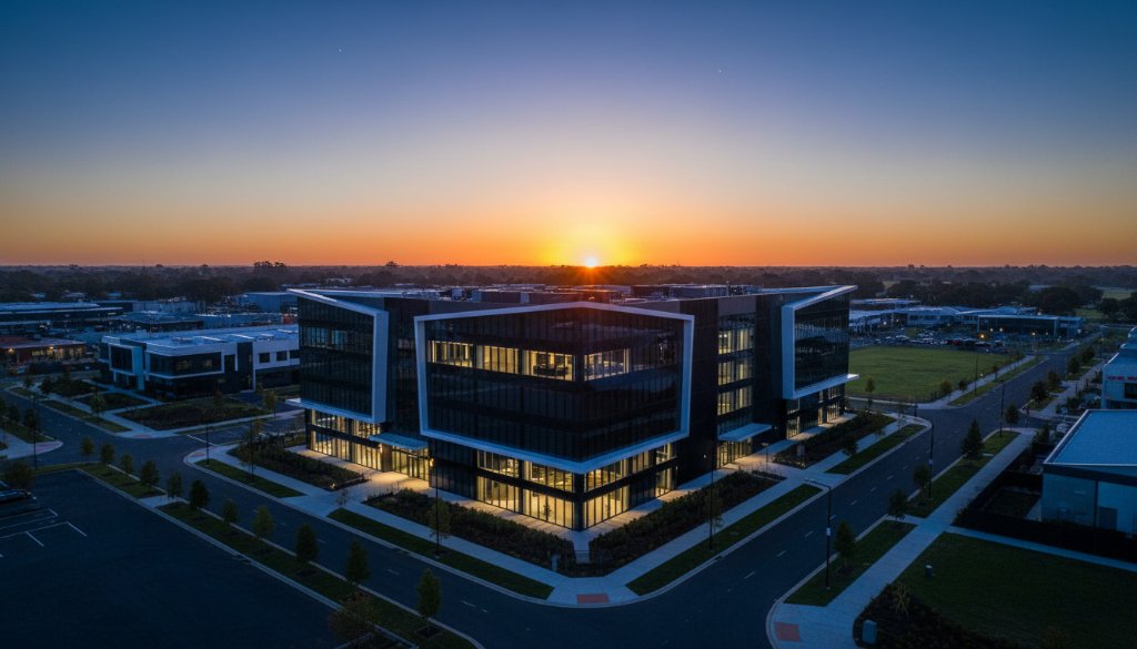 An aerial, wide-angle shot at dawn of a modern, glass-clad commercial building in Truganina, bathed in golden hour light, reflecting the vibrant sky, encapsulating 'Truganina's Dynamic Commercial Architecture Photography' with a sense of innovative growth and stunning visual appeal.