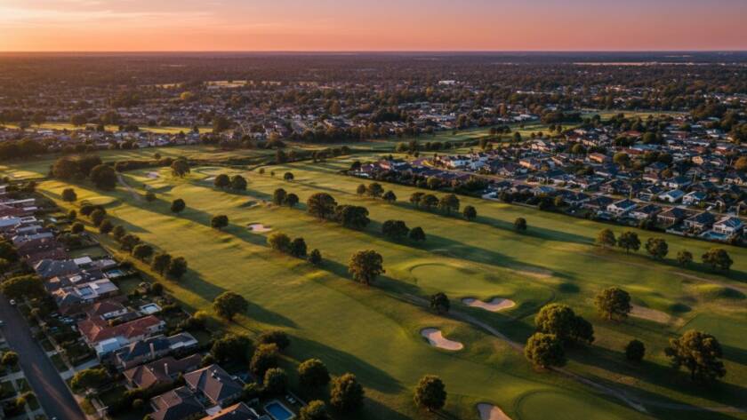 An epic high-angle drone shot at sunset, showcasing the vibrant green expanses of Huntingdale Golf Course and residential areas, perfectly illustrating uncovering Huntingdale Victoria's best with drone photography, with dramatic golden light illuminating the landscape.