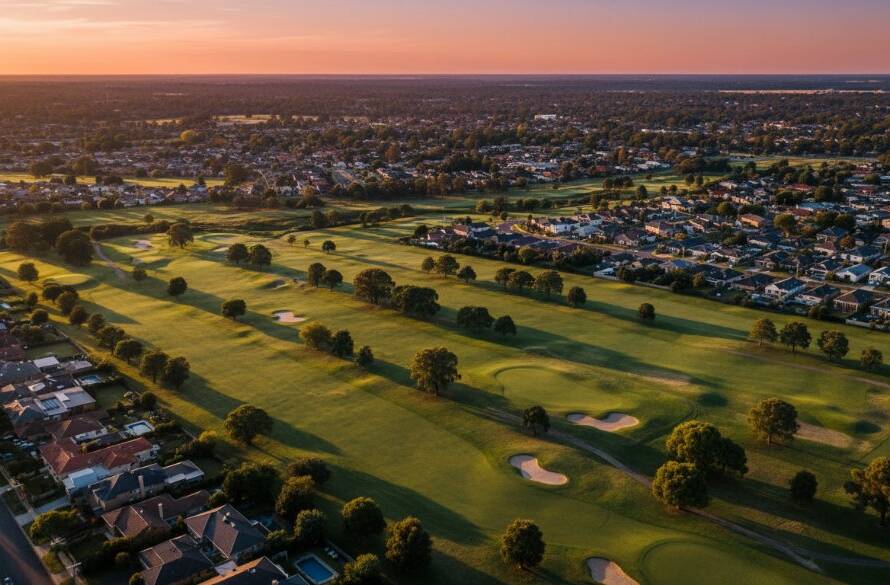 An epic high-angle drone shot at sunset, showcasing the vibrant green expanses of Huntingdale Golf Course and residential areas, perfectly illustrating uncovering Huntingdale Victoria's best with drone photography, with dramatic golden light illuminating the landscape.