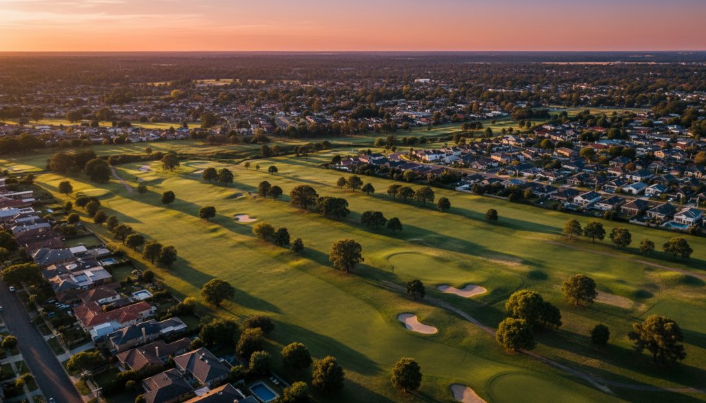 An epic high-angle drone shot at sunset, showcasing the vibrant green expanses of Huntingdale Golf Course and residential areas, perfectly illustrating uncovering Huntingdale Victoria's best with drone photography, with dramatic golden light illuminating the landscape.