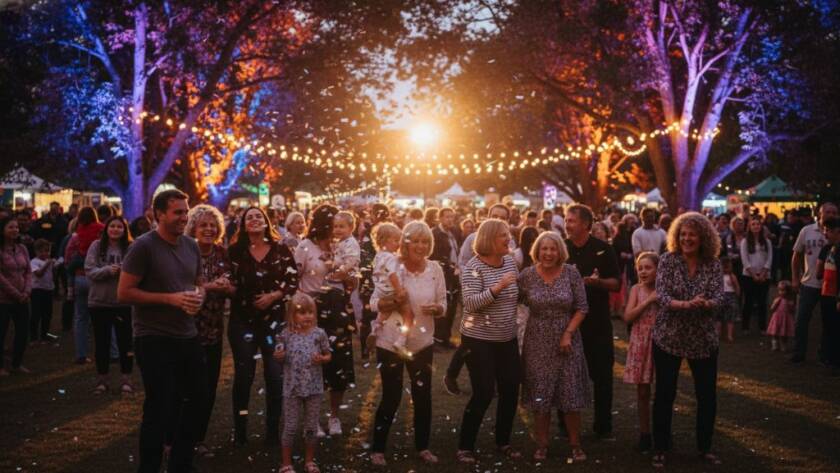 An unforgettable authentic event photography Albanvale Victoria moment, showing a diverse group of people laughing and high-fiving under festive lights at a bustling Albanvale community festival, captured with dramatic, warm backlighting and a shallow depth of field, conveying joy and connection.