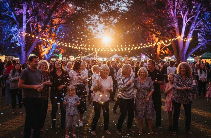 An unforgettable authentic event photography Albanvale Victoria moment, showing a diverse group of people laughing and high-fiving under festive lights at a bustling Albanvale community festival, captured with dramatic, warm backlighting and a shallow depth of field, conveying joy and connection.