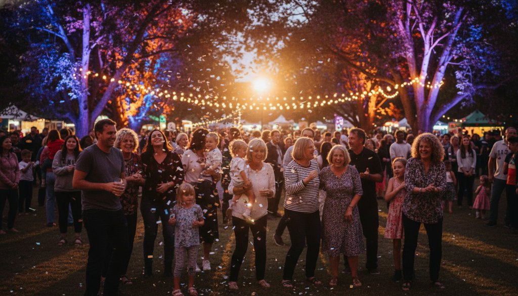 An unforgettable authentic event photography Albanvale Victoria moment, showing a diverse group of people laughing and high-fiving under festive lights at a bustling Albanvale community festival, captured with dramatic, warm backlighting and a shallow depth of field, conveying joy and connection.