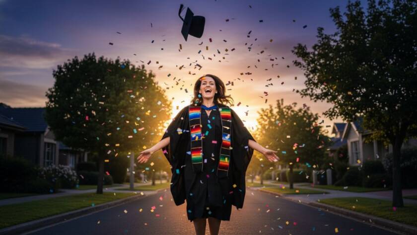 An unforgettable Balwyn North graduation photography services moment: a jubilant graduate in their cap and gown, framed against the stunning twilight sky over Balwyn North's leafy streets, tossing their mortarboard with pure joy and confetti, expertly captured with dramatic backlighting and professional colour grading.