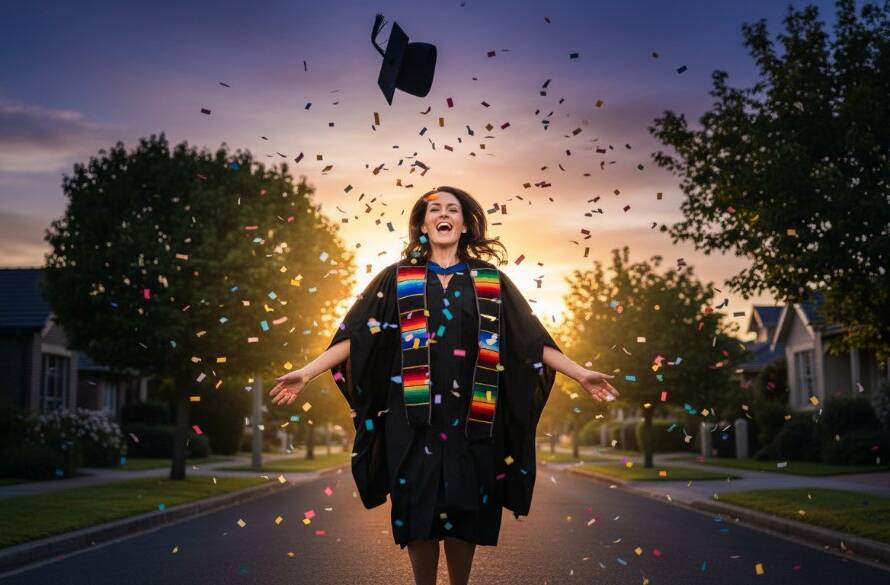An unforgettable Balwyn North graduation photography services moment: a jubilant graduate in their cap and gown, framed against the stunning twilight sky over Balwyn North's leafy streets, tossing their mortarboard with pure joy and confetti, expertly captured with dramatic backlighting and professional colour grading.