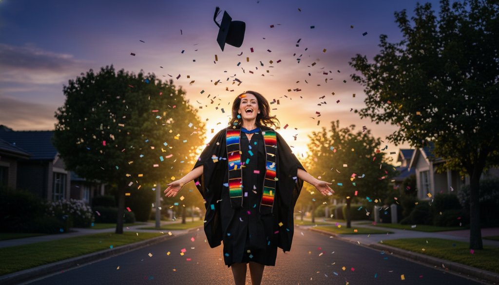 An unforgettable Balwyn North graduation photography services moment: a jubilant graduate in their cap and gown, framed against the stunning twilight sky over Balwyn North's leafy streets, tossing their mortarboard with pure joy and confetti, expertly captured with dramatic backlighting and professional colour grading.