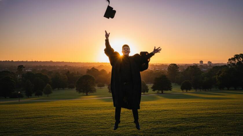 A vibrant and epic photograph capturing an unforgettable Boronia graduation photography experience, showing a graduate in academic regalia joyfully tossing their cap against a dramatic Boronia park sunset, professionally lit and colour-graded.