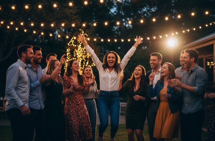 A vibrant, candid photograph capturing unforgettable Brown Hill party photography memories of friends laughing and dancing under string lights at a twilight outdoor celebration, with dramatic backlighting and professional colour grading.