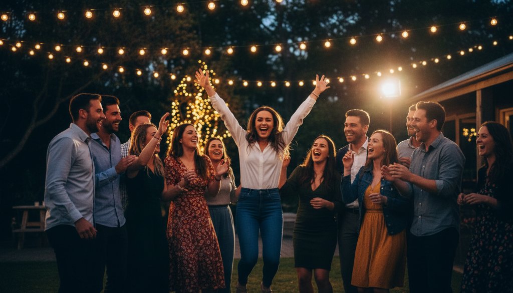 A vibrant, candid photograph capturing unforgettable Brown Hill party photography memories of friends laughing and dancing under string lights at a twilight outdoor celebration, with dramatic backlighting and professional colour grading.
