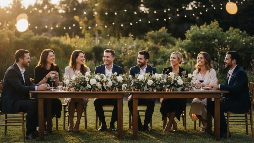 A professional, cinematic photograph capturing an unforgettable Burwood East event photography moment: a candid shot of guests laughing joyfully under string lights at a twilight outdoor celebration, set against the soft, blurred backdrop of a local Burwood East park, with dramatic, warm backlighting highlighting their expressions and festive atmosphere. The image is expertly color-graded, showcasing vibrant emotion and connection.