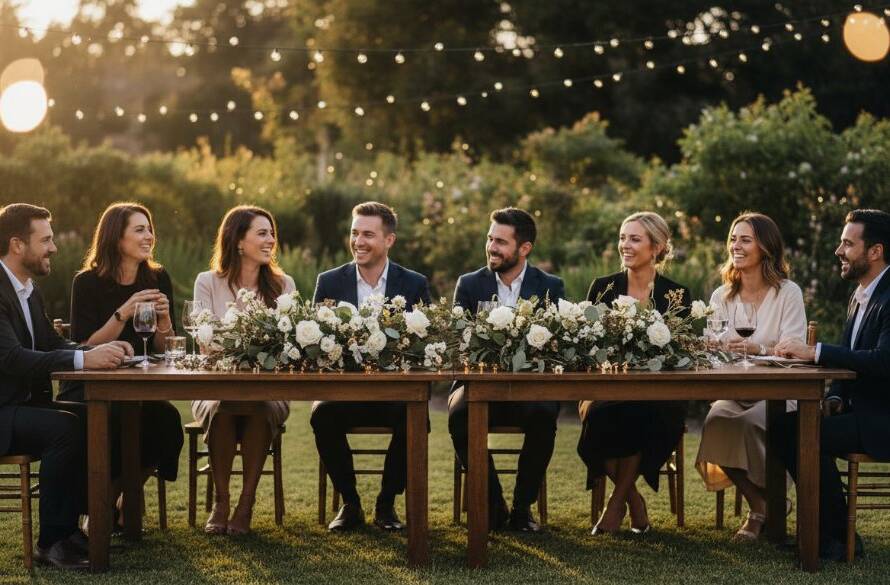 A professional, cinematic photograph capturing an unforgettable Burwood East event photography moment: a candid shot of guests laughing joyfully under string lights at a twilight outdoor celebration, set against the soft, blurred backdrop of a local Burwood East park, with dramatic, warm backlighting highlighting their expressions and festive atmosphere. The image is expertly color-graded, showcasing vibrant emotion and connection.