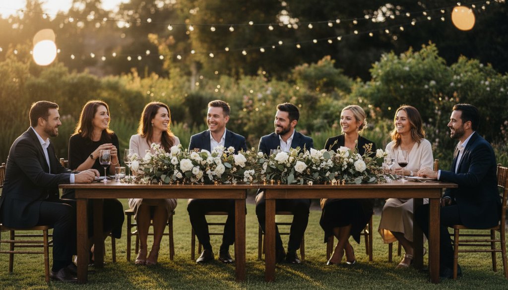 A professional, cinematic photograph capturing an unforgettable Burwood East event photography moment: a candid shot of guests laughing joyfully under string lights at a twilight outdoor celebration, set against the soft, blurred backdrop of a local Burwood East park, with dramatic, warm backlighting highlighting their expressions and festive atmosphere. The image is expertly color-graded, showcasing vibrant emotion and connection.