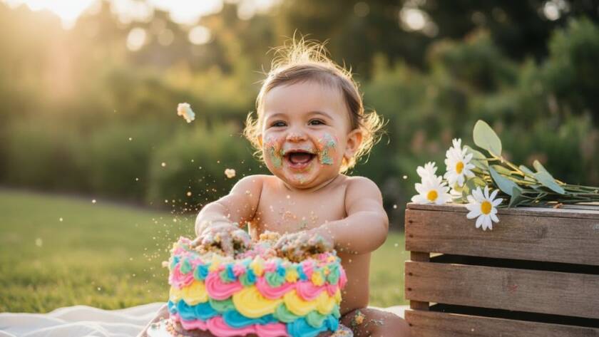 An epic moment captured during an unforgettable cake smash photography session in Botanic Ridge, showing a baby giggling amidst a colourful cake, dramatic backlight creating a golden halo, and crumbs flying, set against a whimsical, softly blurred Botanic Ridge outdoor backdrop, professional and colour-graded.
