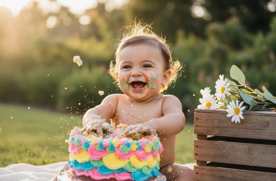An epic moment captured during an unforgettable cake smash photography session in Botanic Ridge, showing a baby giggling amidst a colourful cake, dramatic backlight creating a golden halo, and crumbs flying, set against a whimsical, softly blurred Botanic Ridge outdoor backdrop, professional and colour-graded.