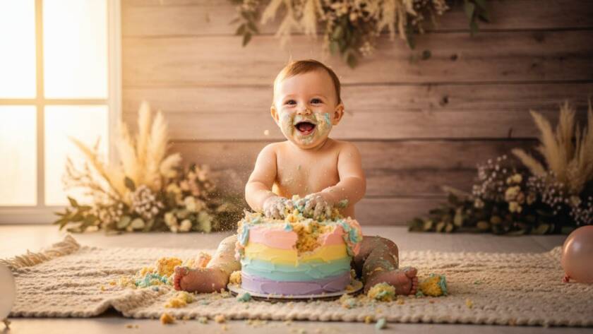 An epic moment photograph capturing a baby's pure, unadulterated joy during an unforgettable cake smash photography session in a beautifully styled setting in Cranbourne South, with dramatic, warm lighting highlighting the messy, delightful scene.
