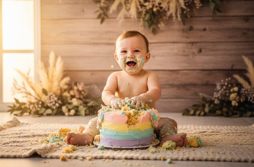 An epic moment photograph capturing a baby's pure, unadulterated joy during an unforgettable cake smash photography session in a beautifully styled setting in Cranbourne South, with dramatic, warm lighting highlighting the messy, delightful scene.