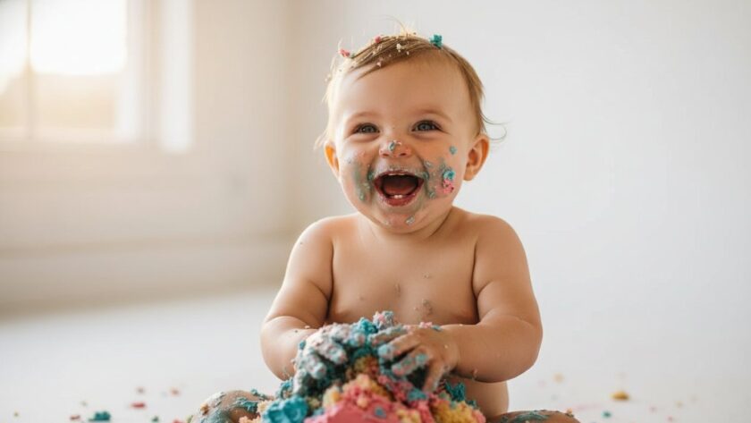 A wide-angle, epic moment photograph of a beaming one-year-old child covered in vibrant cake icing, laughing amidst a beautifully styled cake smash setup in a sunlit Geelong West studio, perfectly illustrating unforgettable cake smash photography Geelong West.