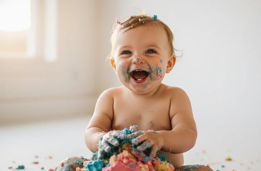 A wide-angle, epic moment photograph of a beaming one-year-old child covered in vibrant cake icing, laughing amidst a beautifully styled cake smash setup in a sunlit Geelong West studio, perfectly illustrating unforgettable cake smash photography Geelong West.