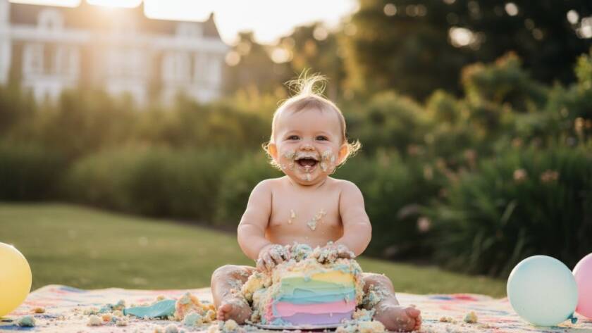 An adorable baby covered in cake, laughing joyfully amidst colourful balloons and a smashed cake, captured with dramatic lighting for unforgettable cake smash photography Notting Hill Victoria.