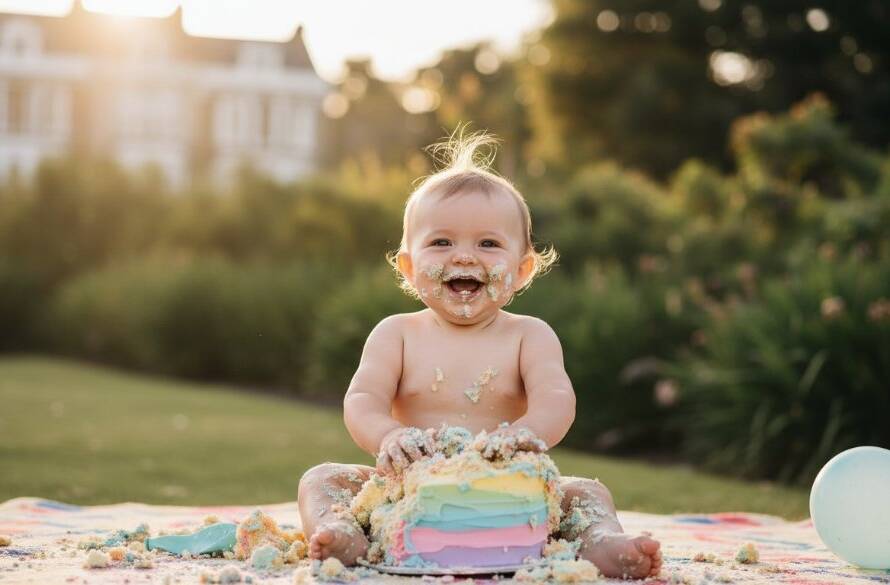 An adorable baby covered in cake, laughing joyfully amidst colourful balloons and a smashed cake, captured with dramatic lighting for unforgettable cake smash photography Notting Hill Victoria.