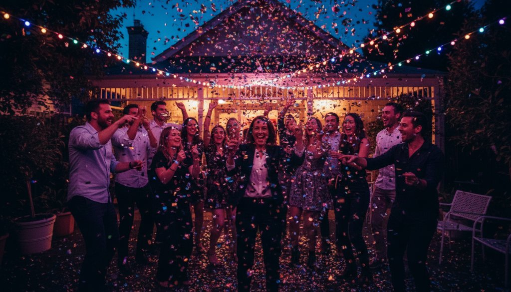 A stunning, low-light shot capturing the pure joy and laughter of guests dancing enthusiastically at a lively celebration in Caulfield South, epitomizing unforgettable candid party photography Caulfield South, with vibrant party lights creating a dynamic, energetic atmosphere.
