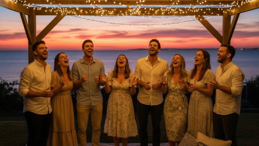 An unforgettable candid party photography Parkdale image, showing guests laughing joyfully under string lights at a beachside venue, with the sunset reflecting on Port Phillip Bay, captured with dramatic, warm lighting and a professional, cinematic feel.