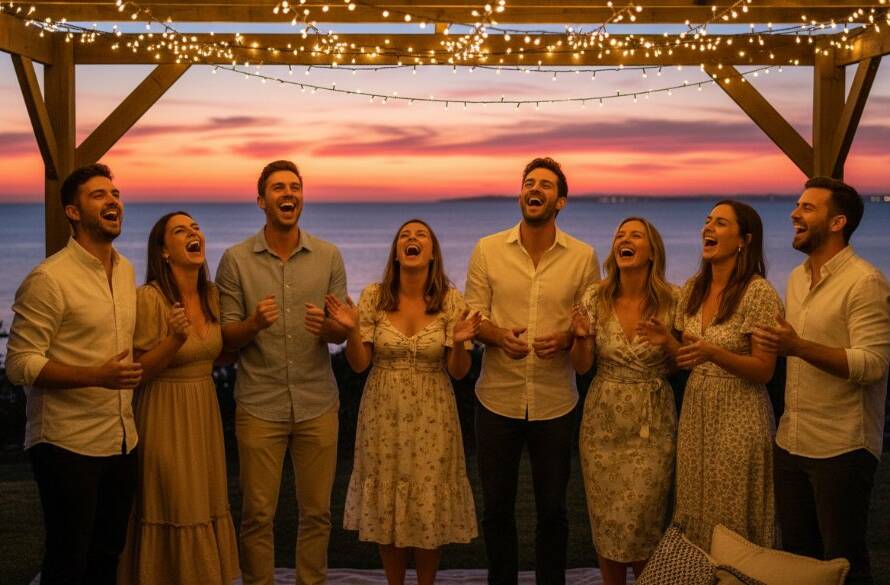 An unforgettable candid party photography Parkdale image, showing guests laughing joyfully under string lights at a beachside venue, with the sunset reflecting on Port Phillip Bay, captured with dramatic, warm lighting and a professional, cinematic feel.