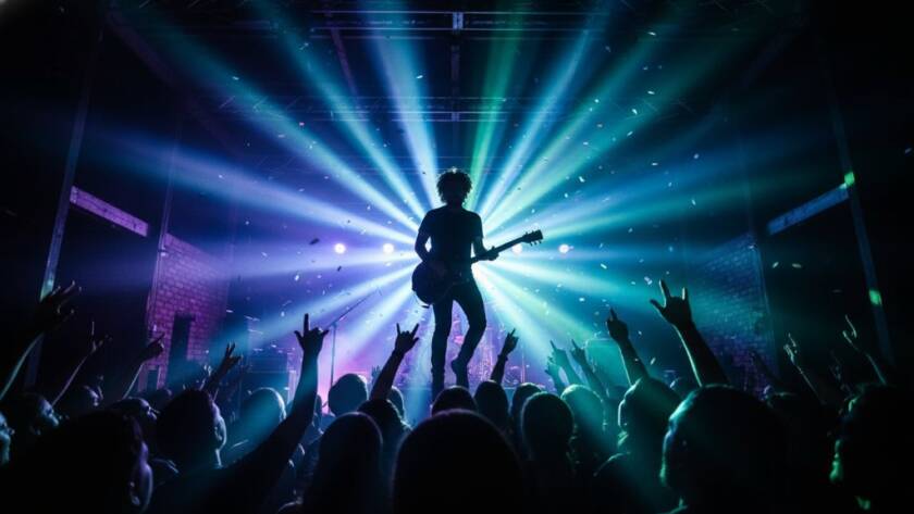 Dramatic wide shot capturing an unforgettable Chelsea Heights live music photography moment, with a lead guitarist mid-solo on a brightly lit stage, surrounded by energetic crowd silhouettes.