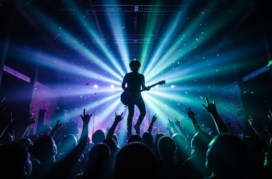 Dramatic wide shot capturing an unforgettable Chelsea Heights live music photography moment, with a lead guitarist mid-solo on a brightly lit stage, surrounded by energetic crowd silhouettes.
