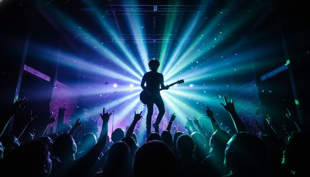 Dramatic wide shot capturing an unforgettable Chelsea Heights live music photography moment, with a lead guitarist mid-solo on a brightly lit stage, surrounded by energetic crowd silhouettes.