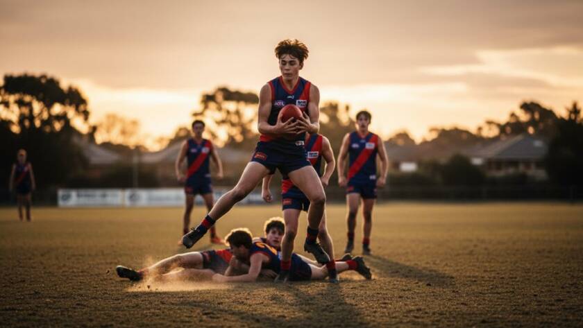 An epic moment from unforgettable Chelsea Heights youth sports photography captures, showing a young athlete mid-air, scoring a goal with intense focus, under dramatic stadium lighting at dusk.