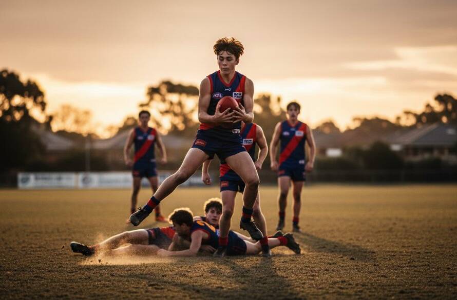 An epic moment from unforgettable Chelsea Heights youth sports photography captures, showing a young athlete mid-air, scoring a goal with intense focus, under dramatic stadium lighting at dusk.