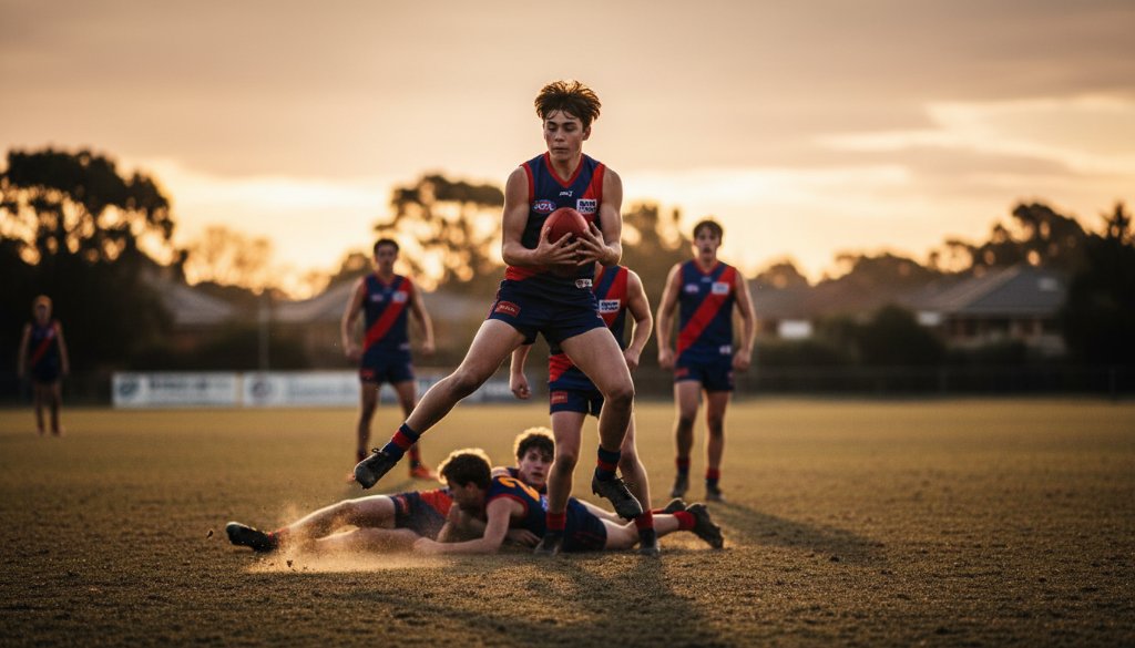 An epic moment from unforgettable Chelsea Heights youth sports photography captures, showing a young athlete mid-air, scoring a goal with intense focus, under dramatic stadium lighting at dusk.