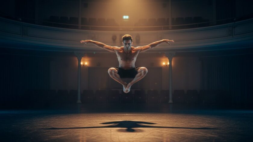 An epic moment of a male dancer mid-leap, dramatically lit against a blurred backdrop suggesting a local Hamlyn Heights performance venue, embodying unforgettable dance photography Hamlyn Heights performances with professional colour grading.