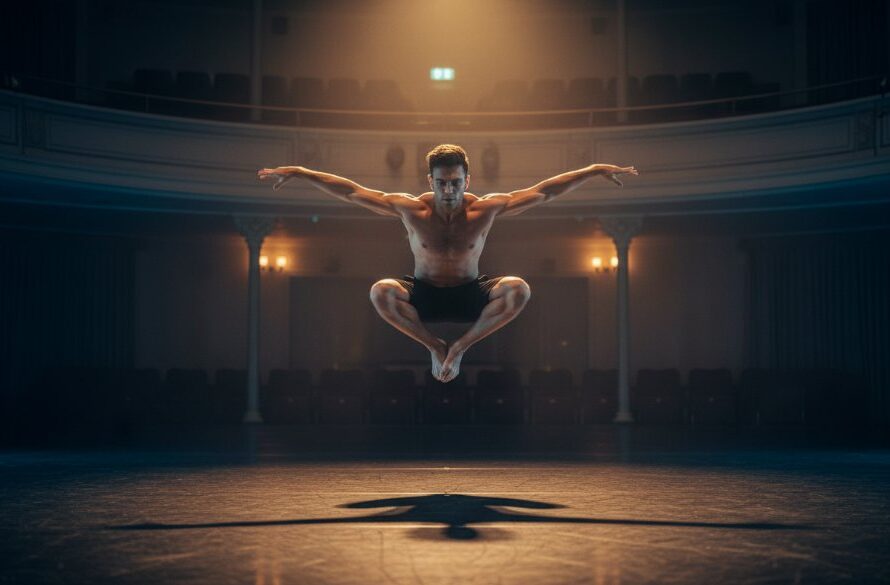 An epic moment of a male dancer mid-leap, dramatically lit against a blurred backdrop suggesting a local Hamlyn Heights performance venue, embodying unforgettable dance photography Hamlyn Heights performances with professional colour grading.