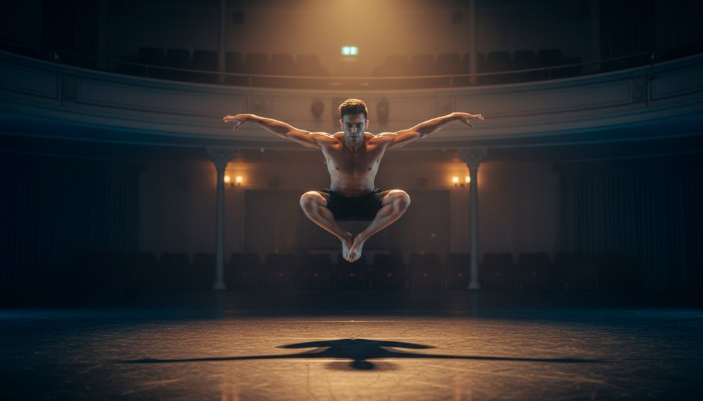An epic moment of a male dancer mid-leap, dramatically lit against a blurred backdrop suggesting a local Hamlyn Heights performance venue, embodying unforgettable dance photography Hamlyn Heights performances with professional colour grading.