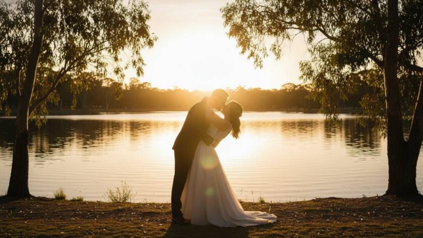 An intimate wide shot of a newly married couple embracing lovingly amidst golden hour light in a picturesque Dingley Village park, evoking unforgettable Dingley Village wedding photos capturing authentic joy. The couple is laughing naturally, surrounded by the soft glow of the sun through eucalyptus trees.