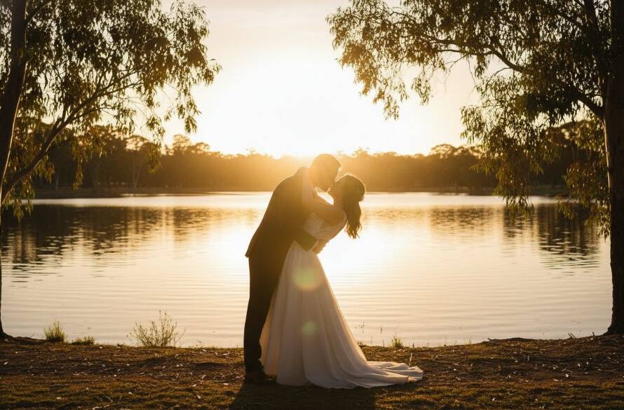 An intimate wide shot of a newly married couple embracing lovingly amidst golden hour light in a picturesque Dingley Village park, evoking unforgettable Dingley Village wedding photos capturing authentic joy. The couple is laughing naturally, surrounded by the soft glow of the sun through eucalyptus trees.