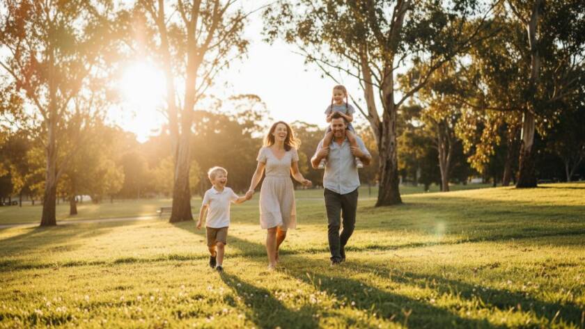 An unforgettable family photography Heatherdale authentic moments shot of a family of four, two parents and two children, laughing joyfully as they run through golden hour sunlight in a beautiful Heatherdale park, capturing pure, candid happiness.