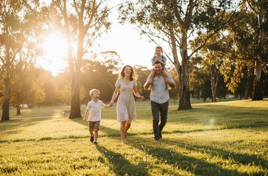 An unforgettable family photography Heatherdale authentic moments shot of a family of four, two parents and two children, laughing joyfully as they run through golden hour sunlight in a beautiful Heatherdale park, capturing pure, candid happiness.